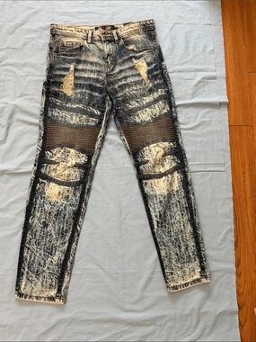 💥NI💥 BoysRebel Legacy Distressed Acid-Wash Blue Jeans with Brown Patch Detail